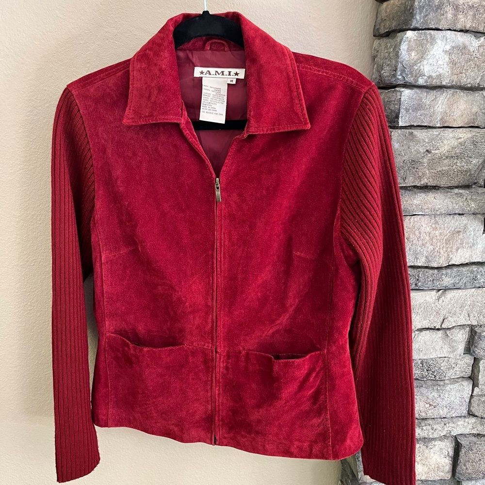 AMI vintage red suede jacket with acrylic sweater style sleeves